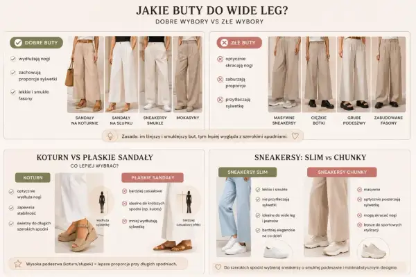 Szerokie spodnie wide leg świetnie wyglądają z butami na koturnie, które wydłużają nogi i zachowują proporcje sylwetki, w przeciwieństwie do masywnych sneakersów czy botków.