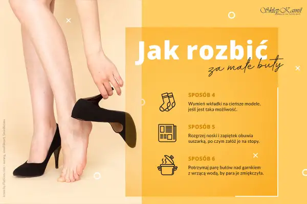Kobieta zdejmuje czarny, wysoki obcas, pokazując, jak rozbić za małe buty. Porady obejmują wymianę wkładek, użycie suszarki i pary wodnej.
