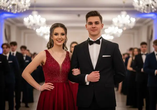 Elegancka para na studniówce. Ona w czerwonej sukni, on w czarnym smokingu. Inspiracja, jak ubrać się na studniówkę.