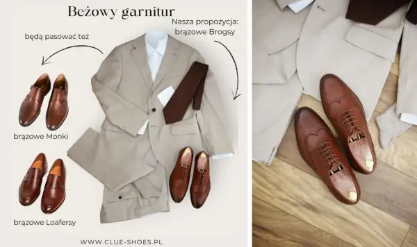 Beżowy garnitur z brązową koszulą i krawatem, do tego brązowe mokasyny do garnituru, monki, loafersy i brogsy.