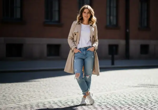 Kobieta w beżowym prochowcu, białej koszulce i podartych jeansach typu boyfriend. Stylowe i wygodne czym nosić boyfriendy stylizacje.
