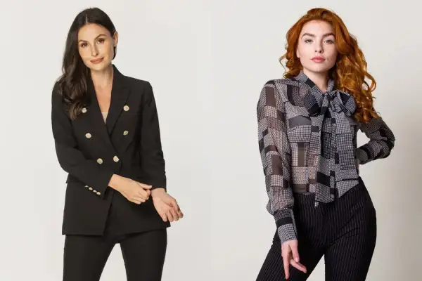 Eleganckie stylizacje na pogrzeb: czarny garnitur z marynarką i spodniami lub bluzka z kokardą i spodnie w paski.