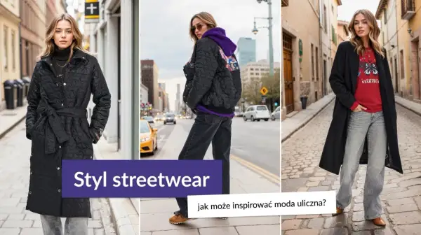Trzy kobiety w stylizacjach streetwear na tle miejskich ulic.