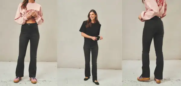 Kobieta w jeansach flare. Idealne dla każdej miłośniczki mody, która ceni wygodę i styl.