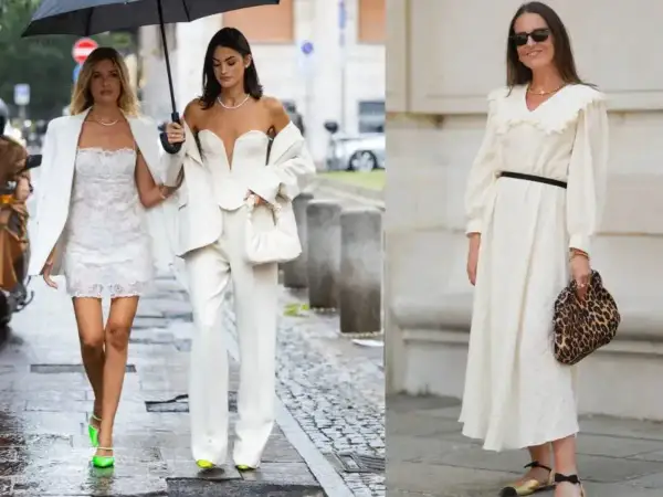 Eleganckie stylizacje na wieczorne wyjście ze znajomymi: białe koronki, garnitur i sukienka w stylu boho.
