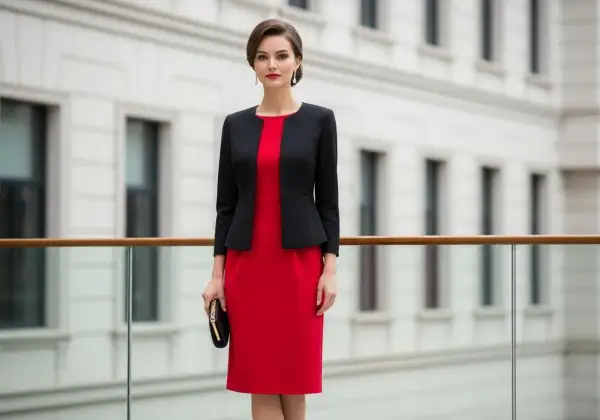Elegancka kobieta w czerwonej sukience i czarnej marynarce. Idealne połączenie co na górę do rozkloszowanej sukienki, tworzące szykowny zestaw.