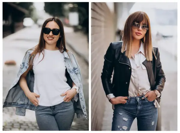 Dwie kobiety prezentują stylowy outfit na koncert: jedna w jeansowej kurtce i białej koszulce, druga w skórzanej ramonesce i satynowej bluzce.