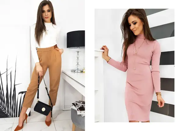Kobieta o figurze klepsydry w eleganckich stylizacjach: po lewej w białym golfie i brązowych spodniach, po prawej w różowej sukience.