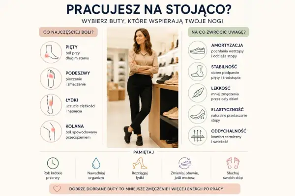 Jakie buty do pracy stojącej? Kobieta w sklepie obuwniczym pokazuje, na co zwrócić uwagę przy wyborze obuwia, by uniknąć bólu stóp i nóg.
