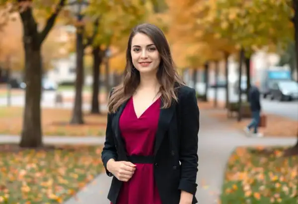Elegancka kobieta w bordowej sukience i czarnym żakiecie, idealny zestaw na jesienny spacer.